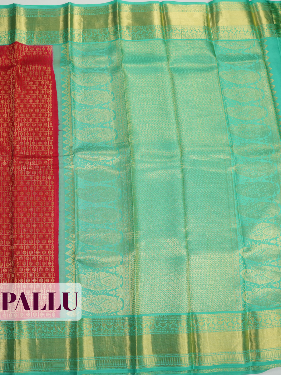 Red Kanchipuram Saree with Floral Vine and Diamond Zari Border
