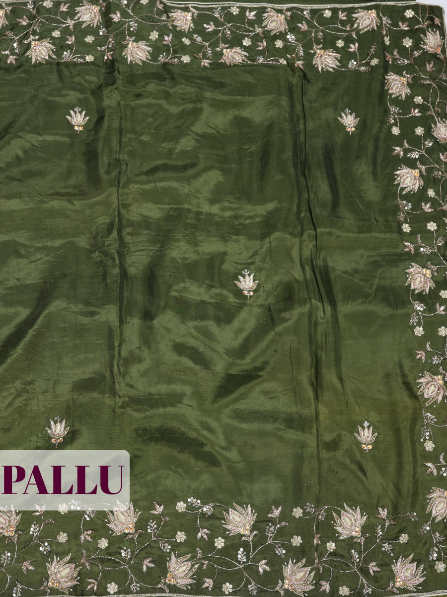 Green Pure Silk Fancy Saree with Zardozi Floral Vine