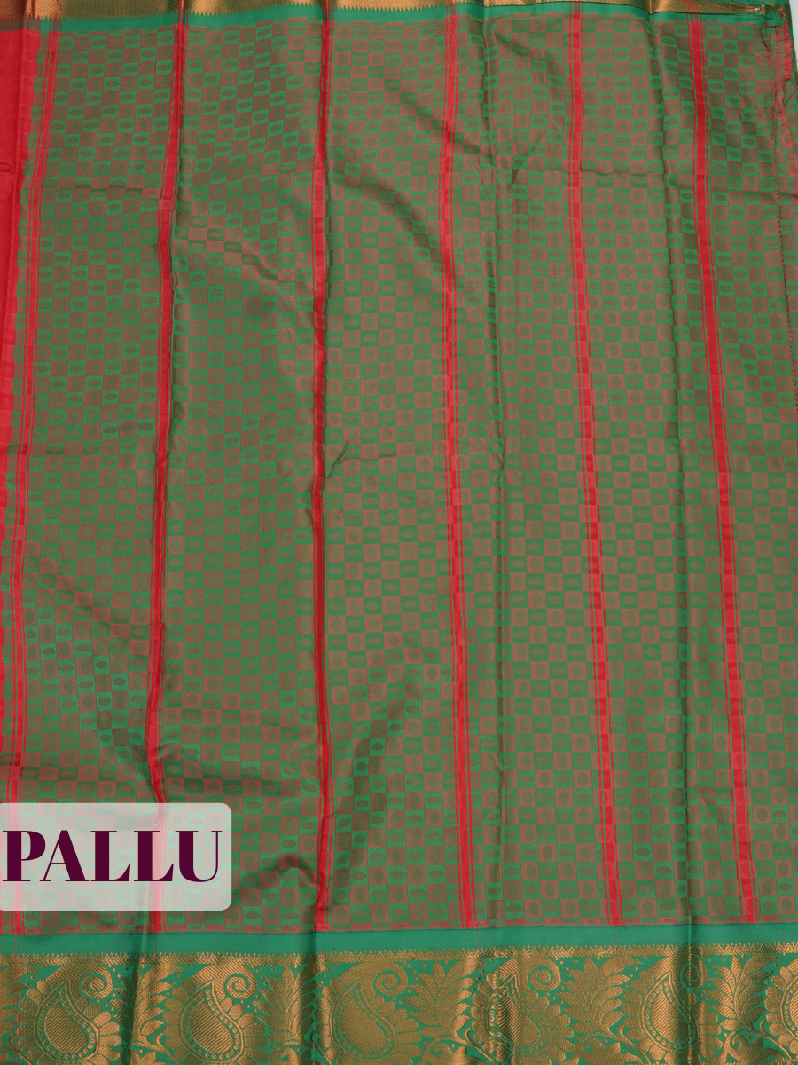 Red Silk Saree with Geometric Woven Pattern and Gold Zari Paisley Border