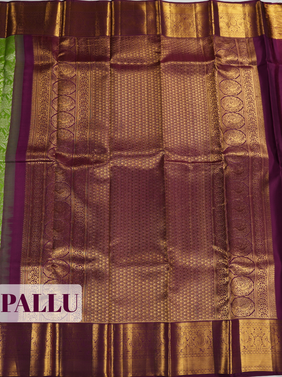 Parrot Green Kanchipuram Saree with Temple Zari Border