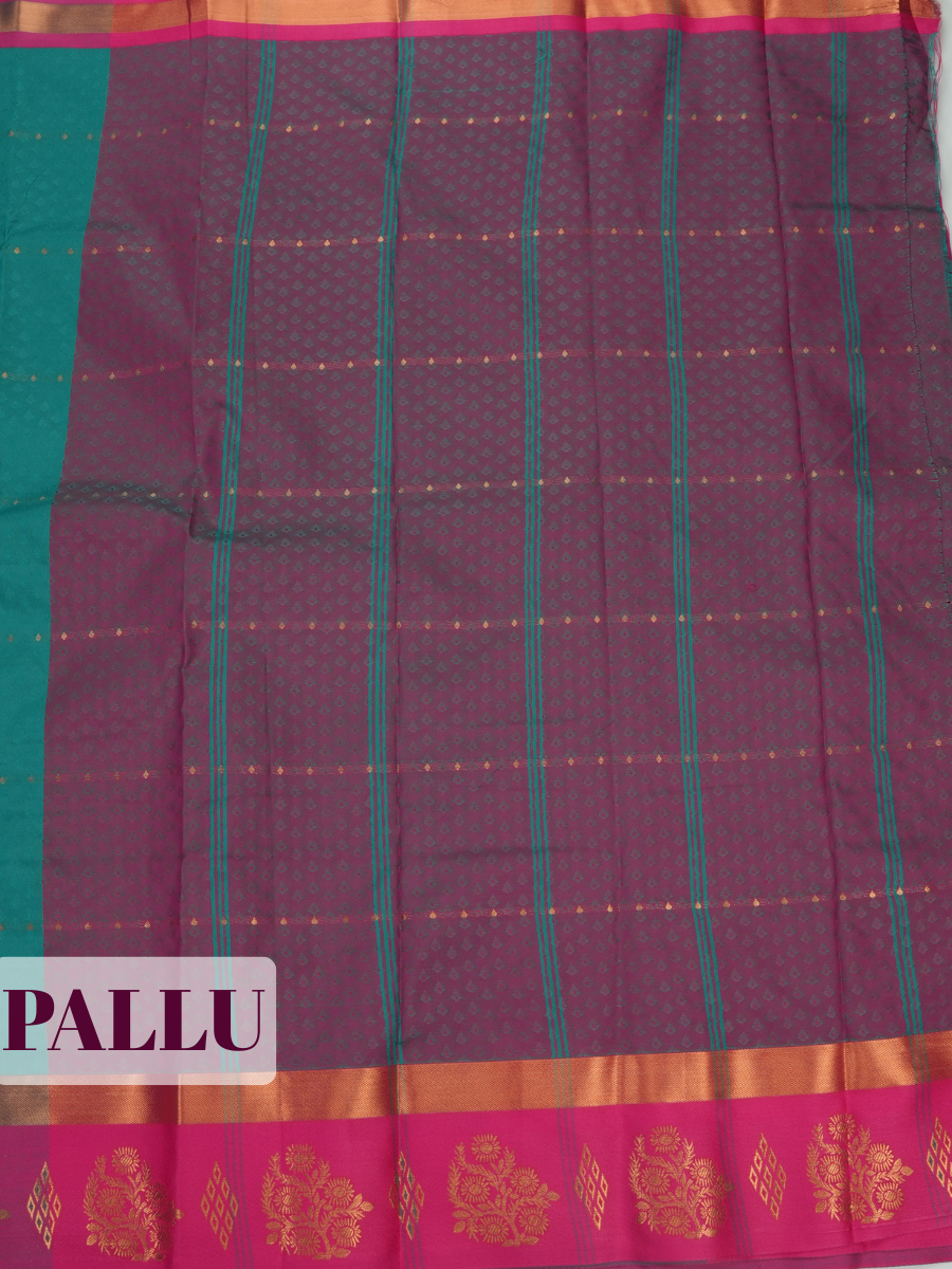 Teal Green Bangalore Silk Saree with Wine Contrast Pallu and Floral Zari Border