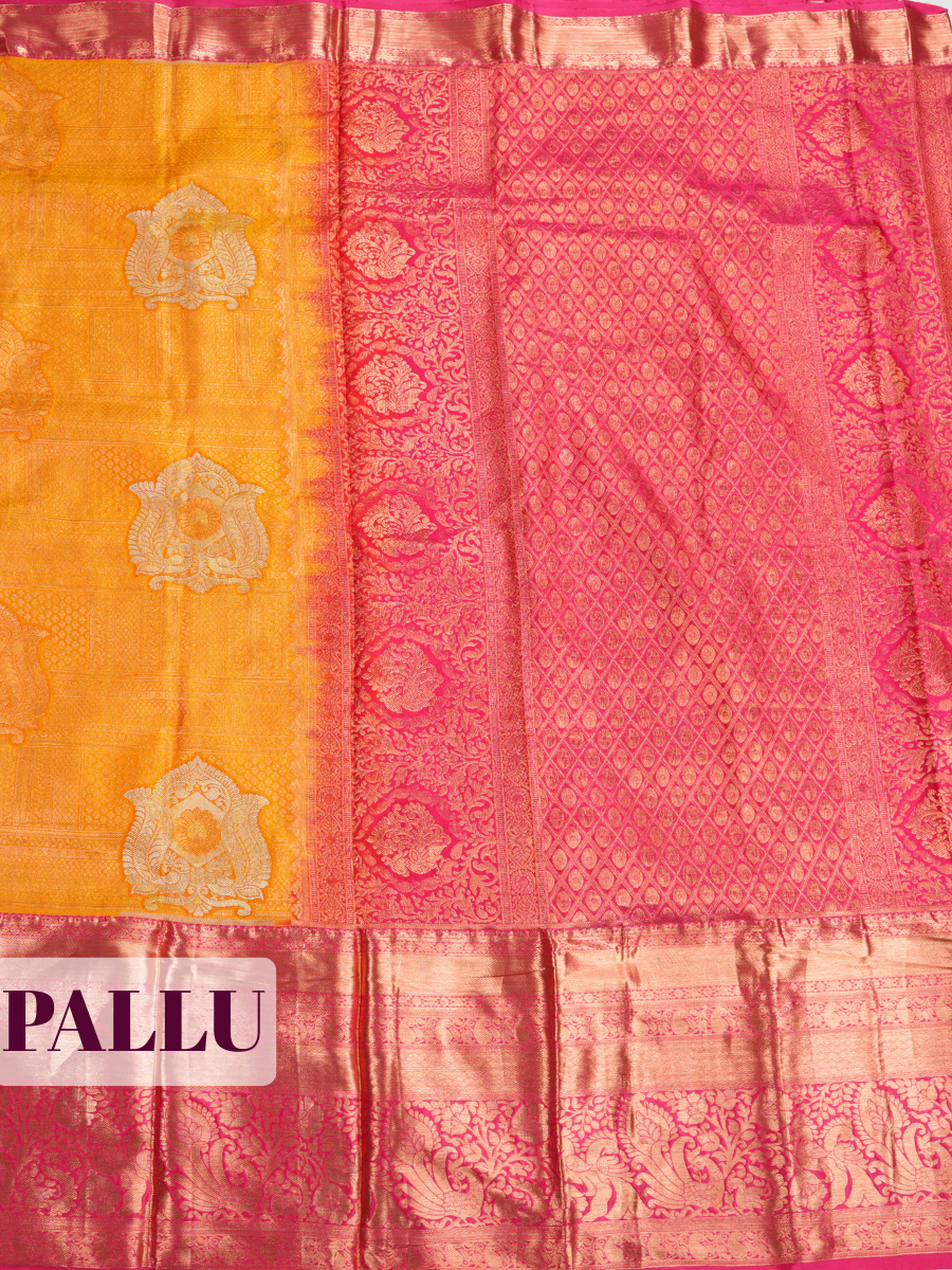 Mustard Yellow Semi Kanjivaram Brocade Silk Saree with A peacock-and-floral zari border