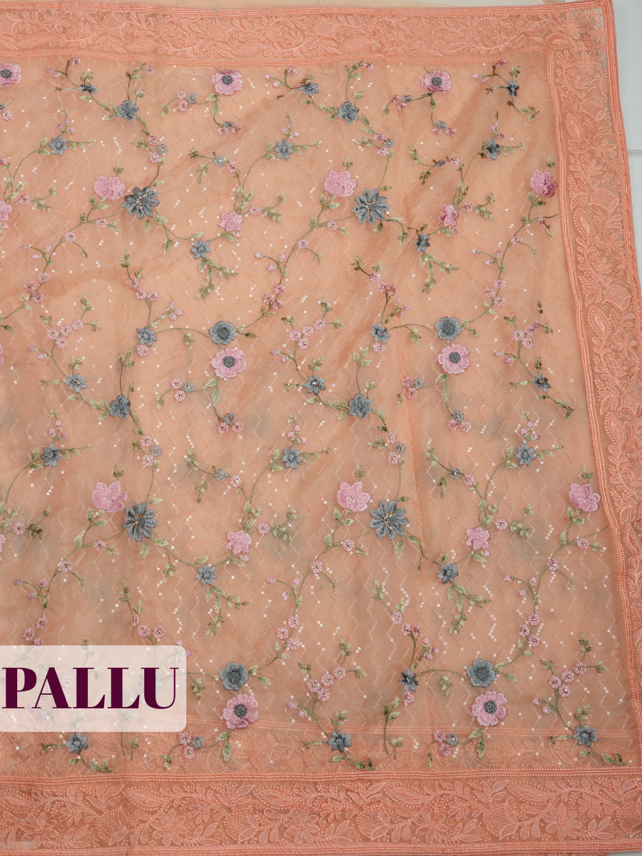 Pink Organza Saree with Embroidered Floral Lace Mesh Border