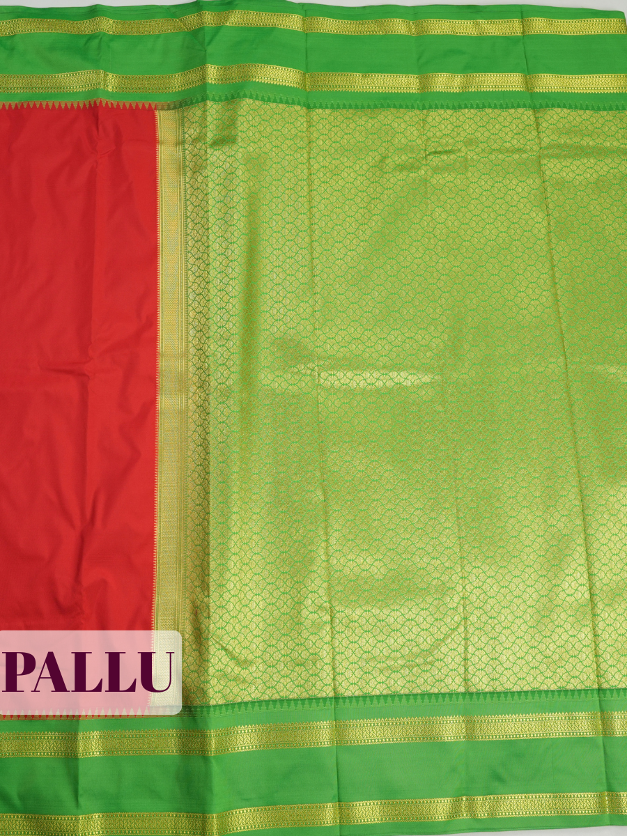 Red Semi Silk Saree with Broad Contrast Woven Border with Temple Style Triangular Motifs