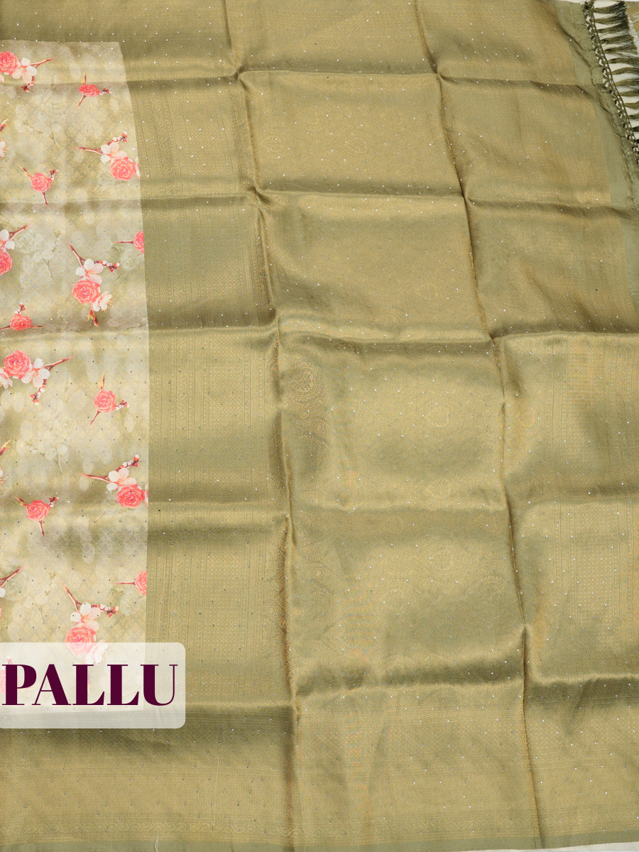 Olive Green Bangalore Sof Silk Saree with High-Shine Zari Border