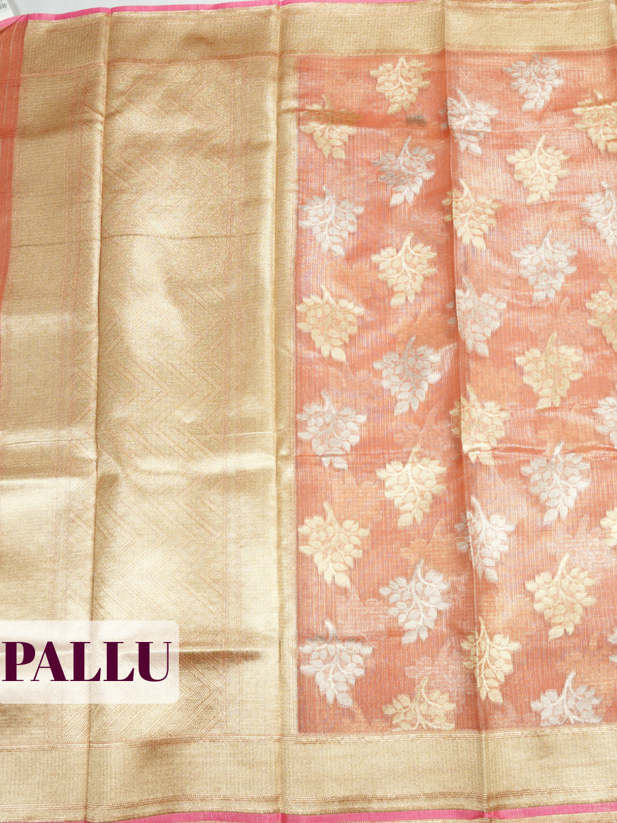Peach Kota Zari Saree with Chevron Zari Border