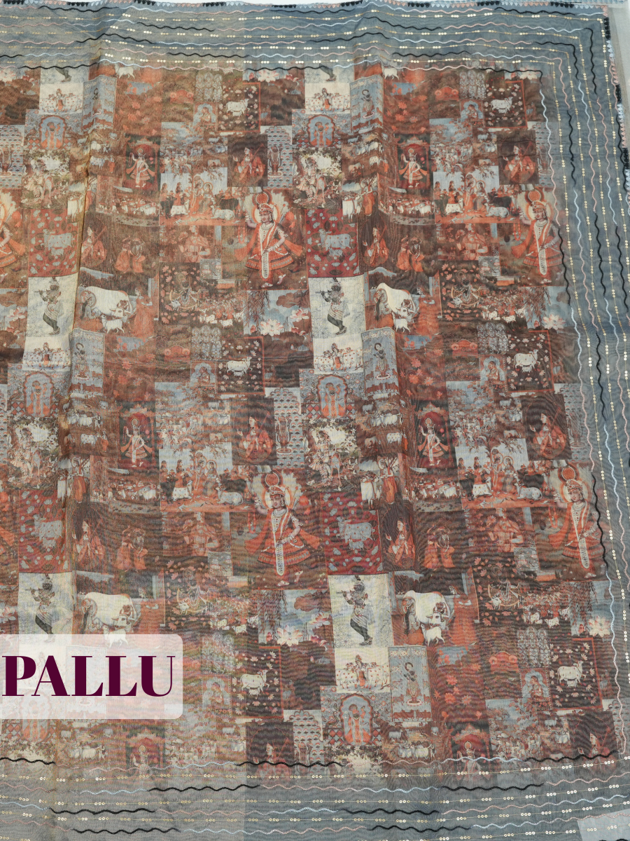 Brown Semi Organza Saree with Wavy Sequin