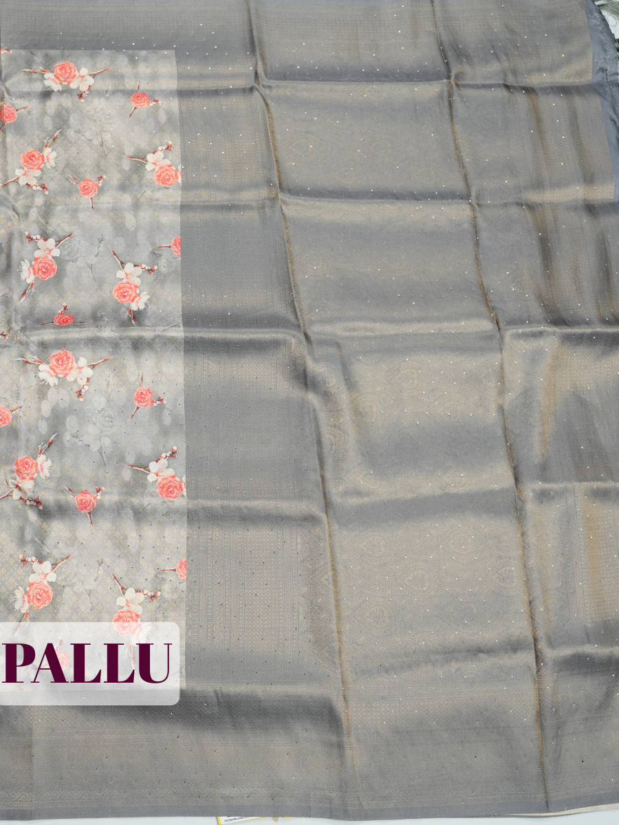 Grey Bangalore Sof Silk Saree with Micro-Diamond Geometric Border