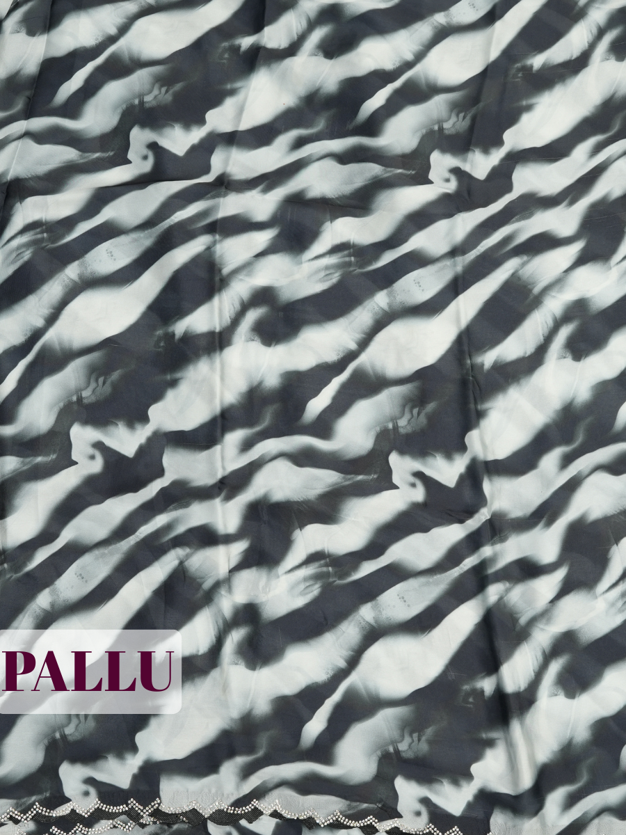 Black Satin Fancy Saree with Abstract Ripple and White Blossom Print