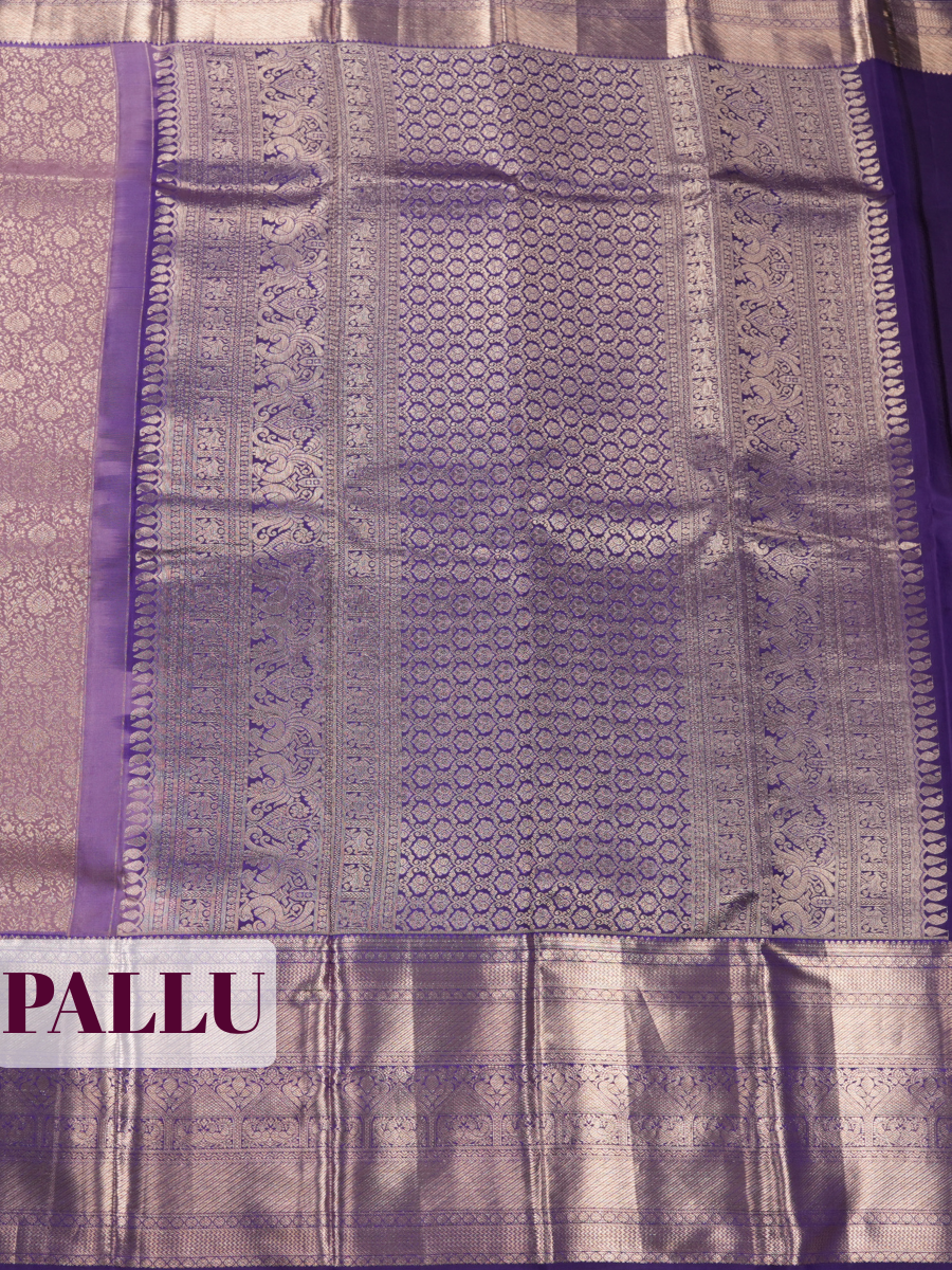 Lavender Grey Pure Kanjivaram Bridal Saree with Floral Zari Border with Zigzag Lines