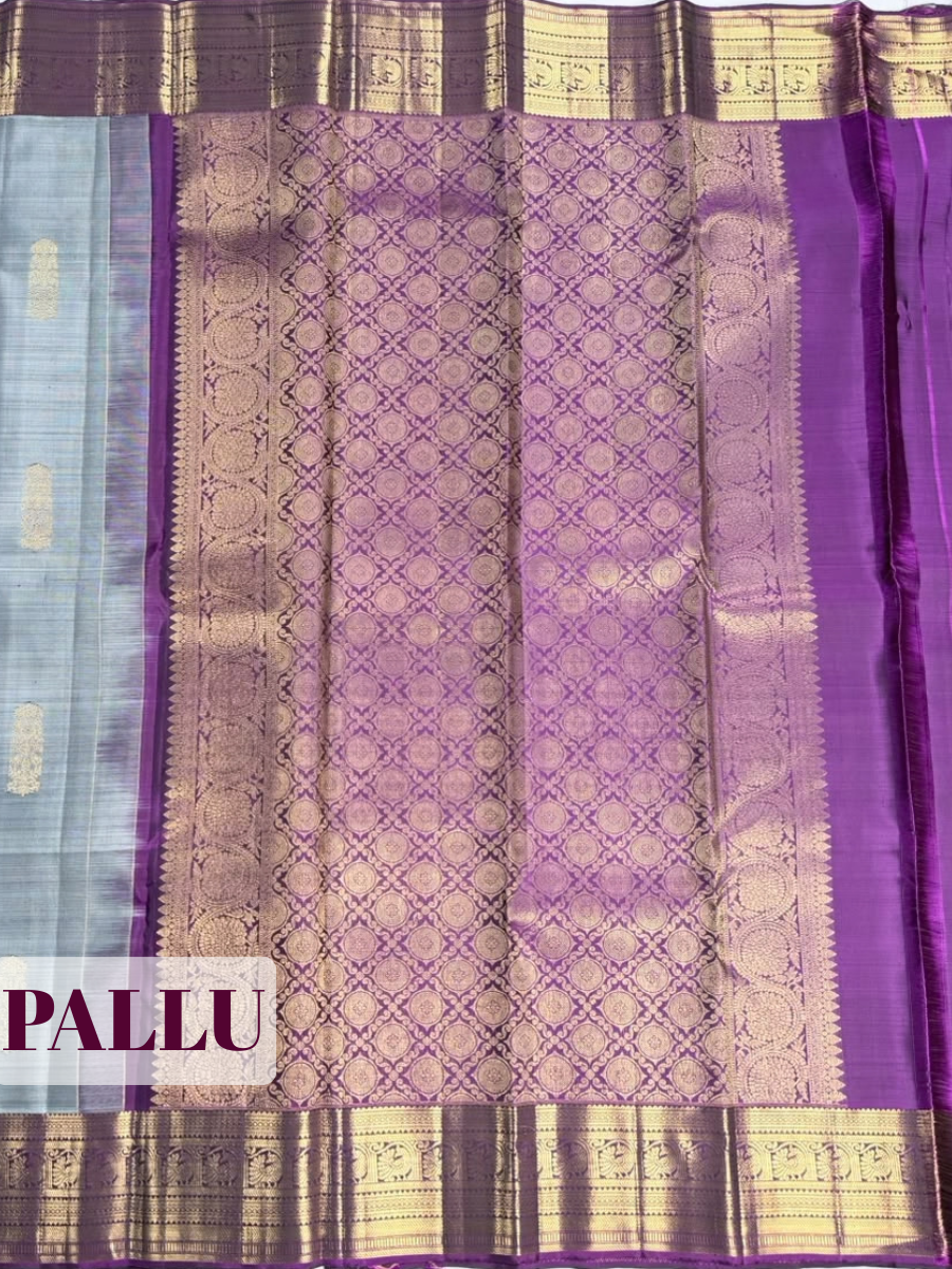 Grey Arni Silk Saree with Purple Contrast Zari Border