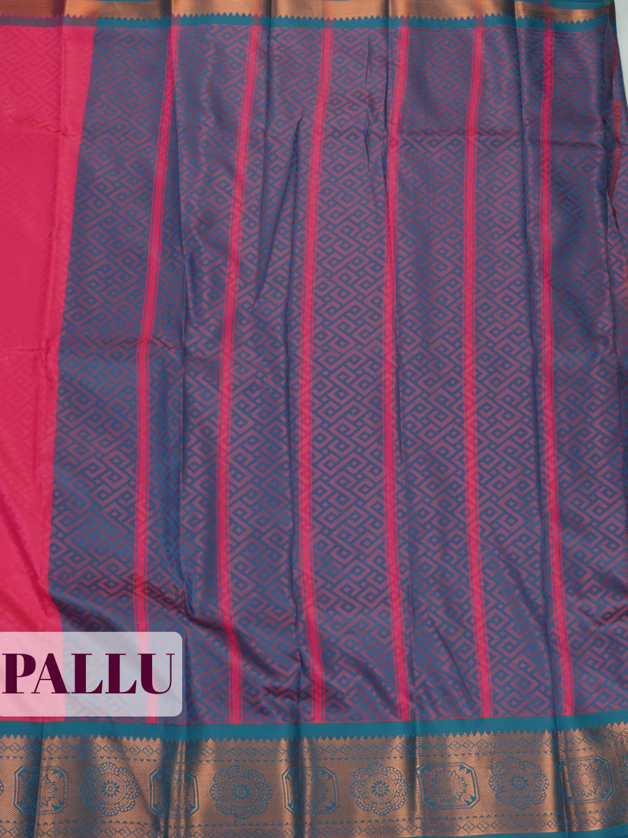 Pink Bangalore Silk Saree with Geometric Weave and Teal-Gold Zari Border