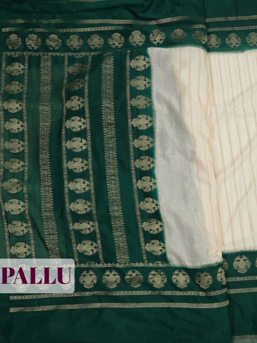 White Semi Georgette Saree with Green Gold Zari Border