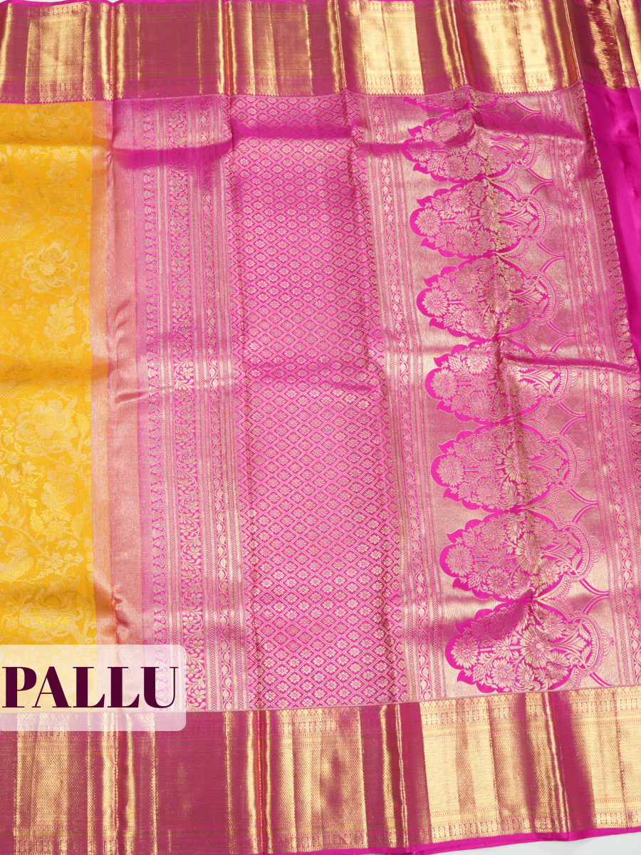 Yellow Kanchipuram Saree with Diamond Lattice Gold Zari Border