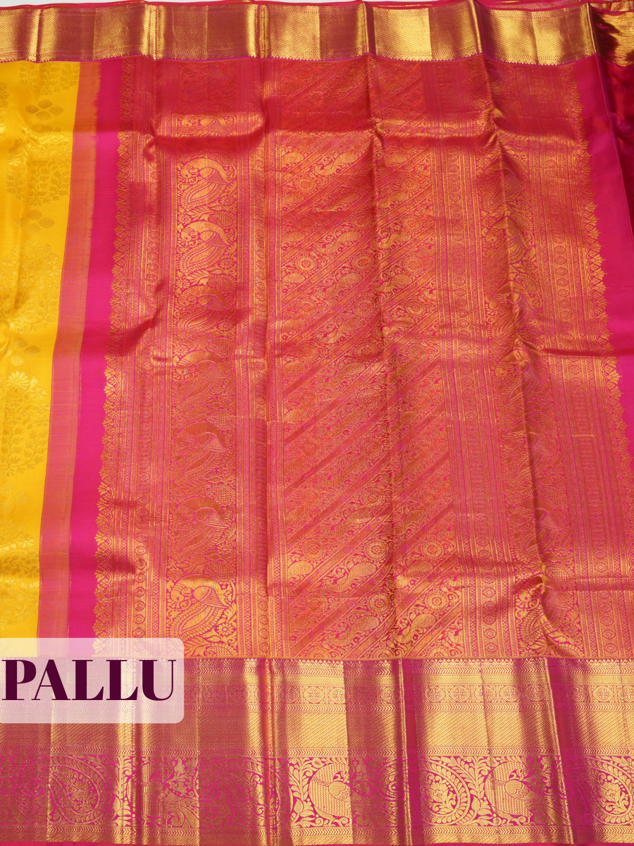 Yellow Kanchipuram Saree with Peacock and Floral Zari Border