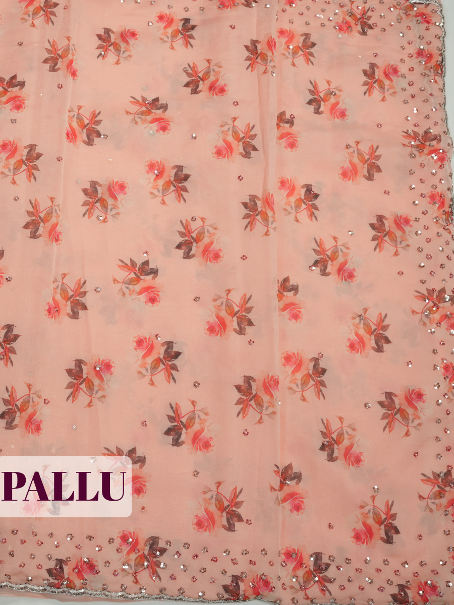 Baby Pink Organza Saree with Floral Print and Cutwork Border
