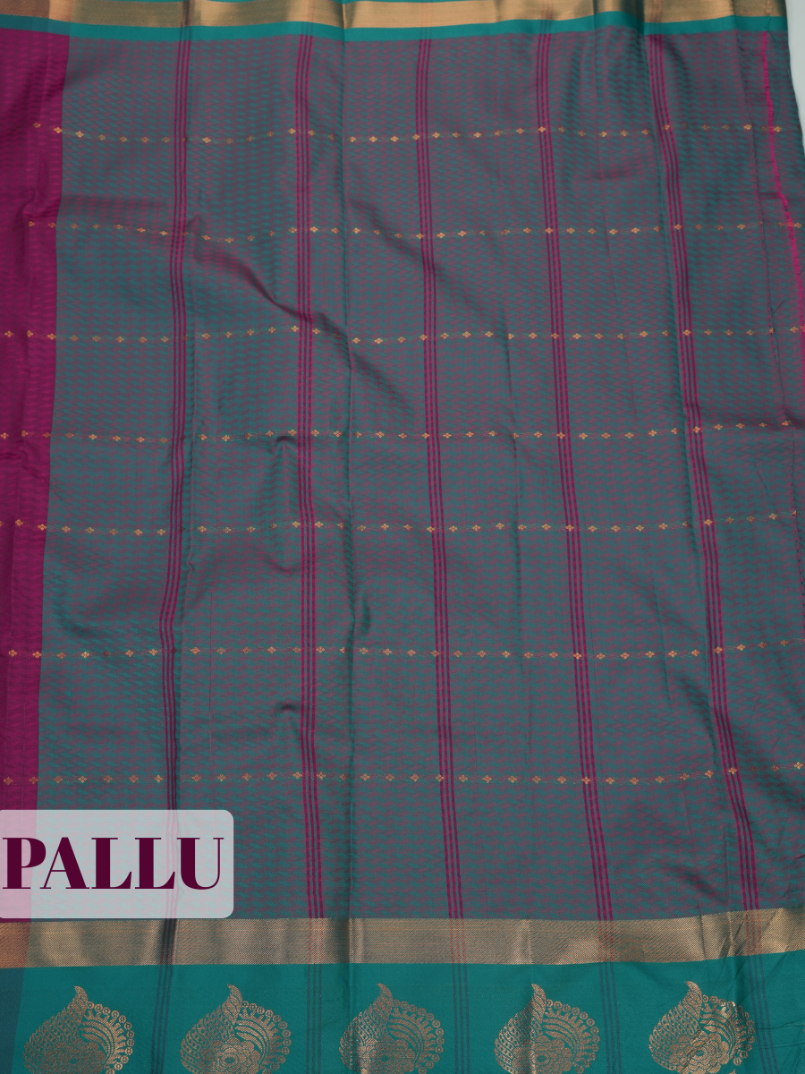 Deep Magenta Bangalore Silk Saree with Teal Grey Pallu and Ornate Zari Motifs