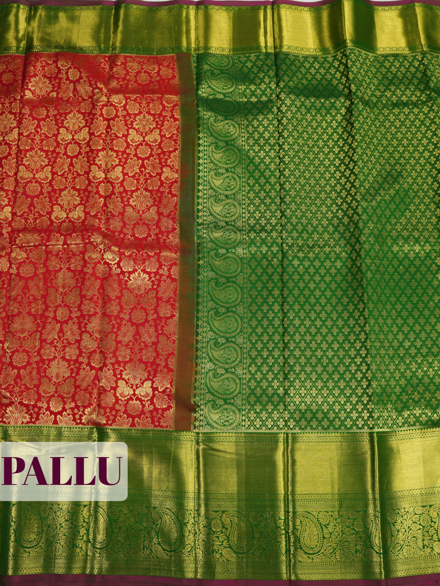 Red Kanchipuram Saree with Rich Floral Vine Zari Border
