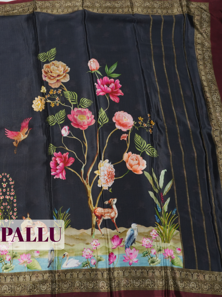 Black Pure Chiffon Saree with Traditional Border Design