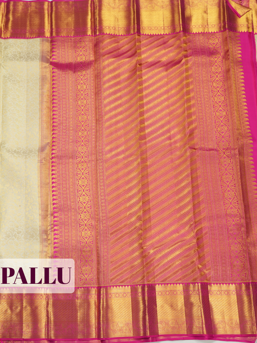 White Pure Kanchivaram Bridal Silk Saree with Floral Zari Jaal