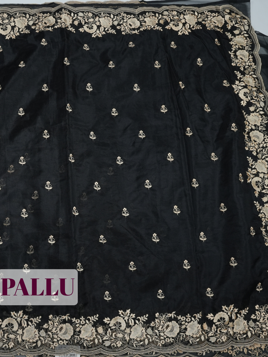 Black Organza Saree with Floral Embroidered Wavy Border