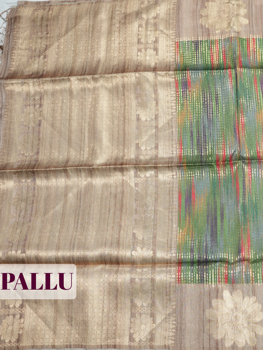 Green Semi Tussar Saree with Muted Taupe Floral Zari