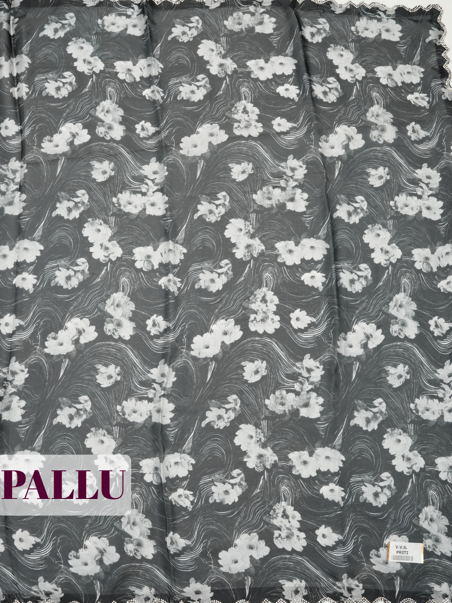 Black Satin Fancy Saree with Modern Ikat and Bold Leaf Print