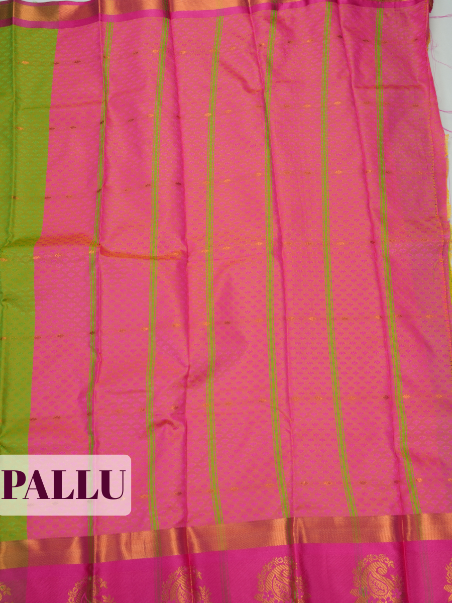 Leaf Green Bangalore Silk Saree with Rani Pink Pallu and Gold Paisley Zari