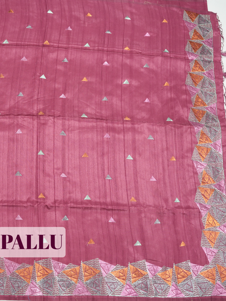 Wine Semi Tussar Saree with Multi tonal mosaic triangle