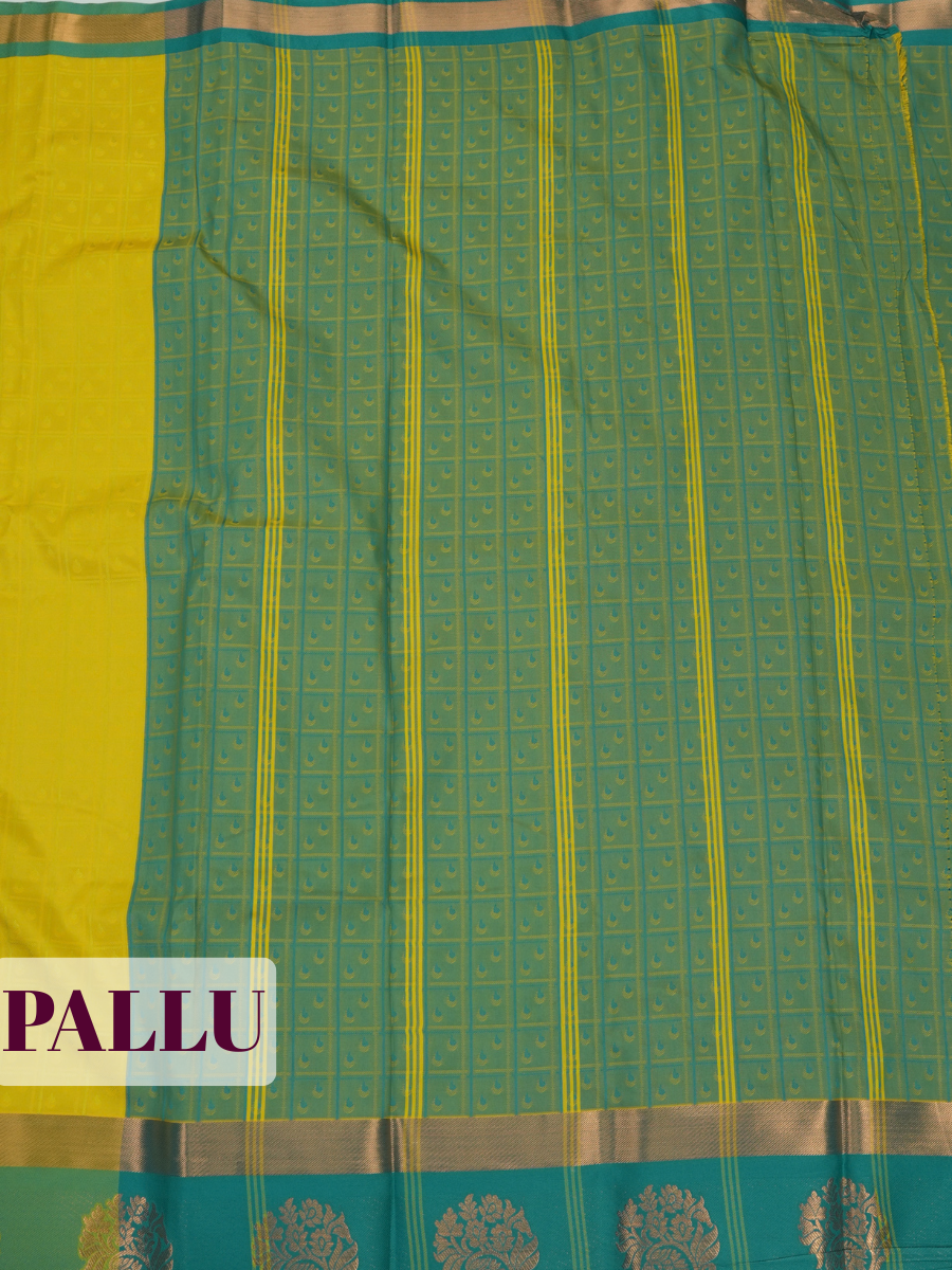 Mustard Yellow Bangalore Silk Saree with Teal Green Pallu and Gold Floral Zari
