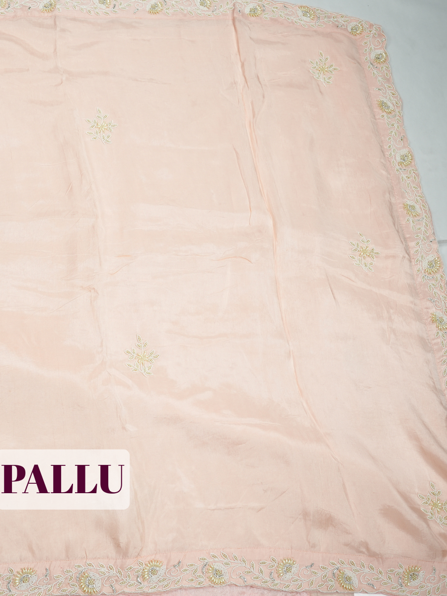 Peach Pure Silk Fancy Saree with Pearl Cut work scalloped