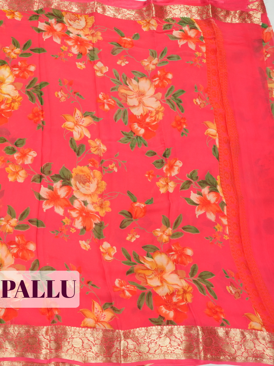 Rani Pink Semi Chiffon Saree with Traditional Floral Border