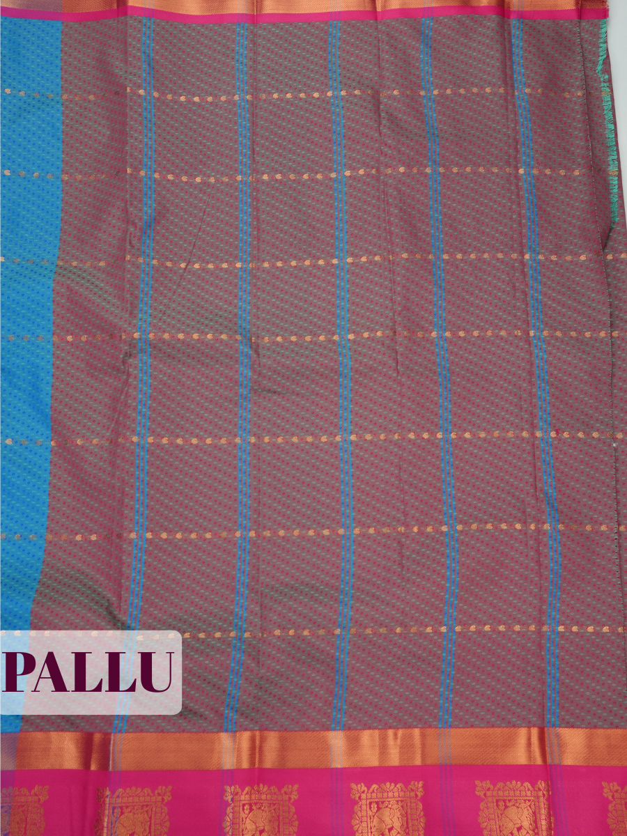 Turquoise Blue Bangalore Silk Saree with Wine Pallu and Antique Zari Temple Border