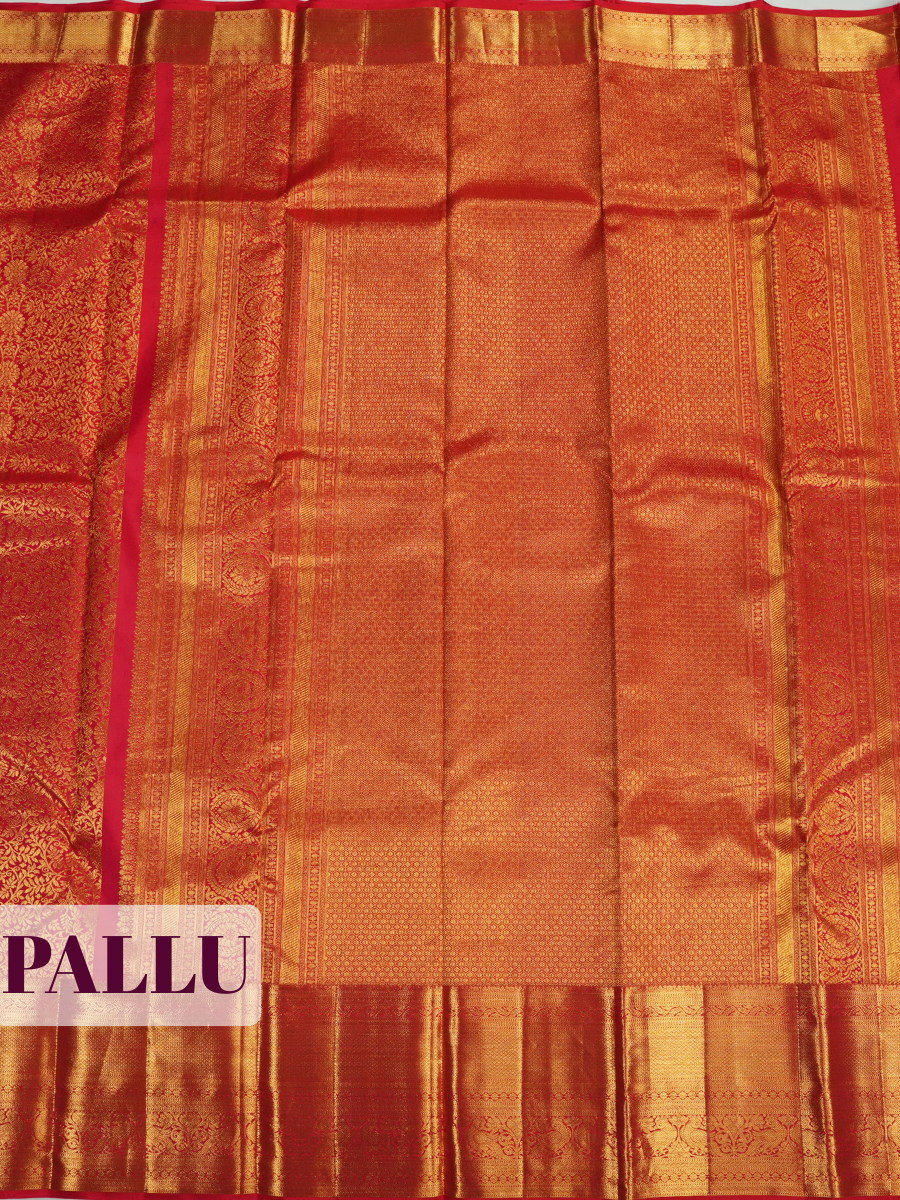 Red Kanchipuram Saree with Paisley and Floral Vine Zari Border
