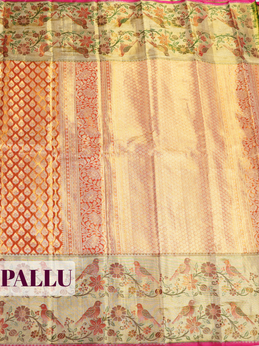 Orange Pure Kanjivaram Silk Saree with A Meenakari border with floral and bird motifs