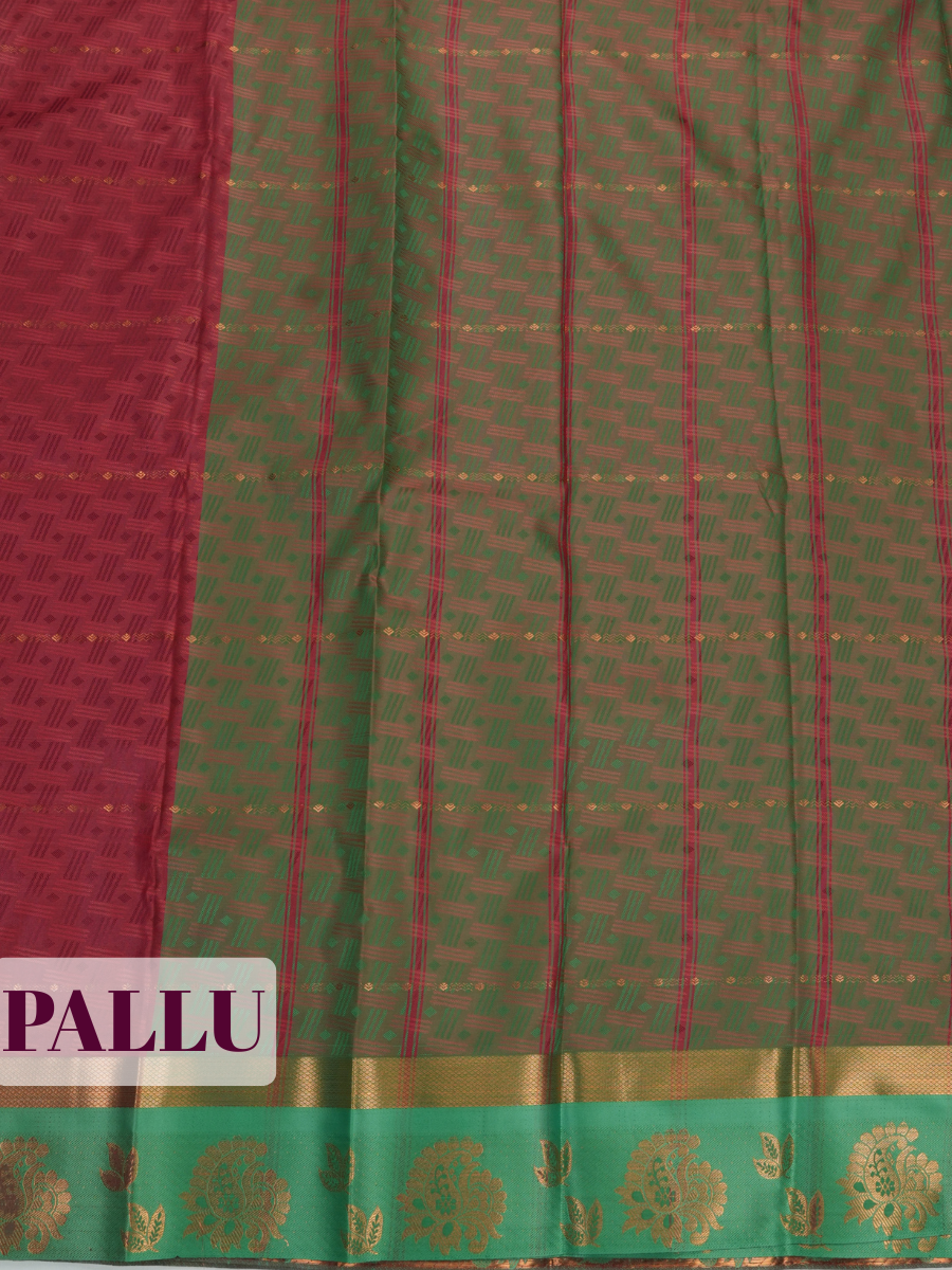 Red Silk Saree with Olive Green Pallu and Paisley Zari Border
