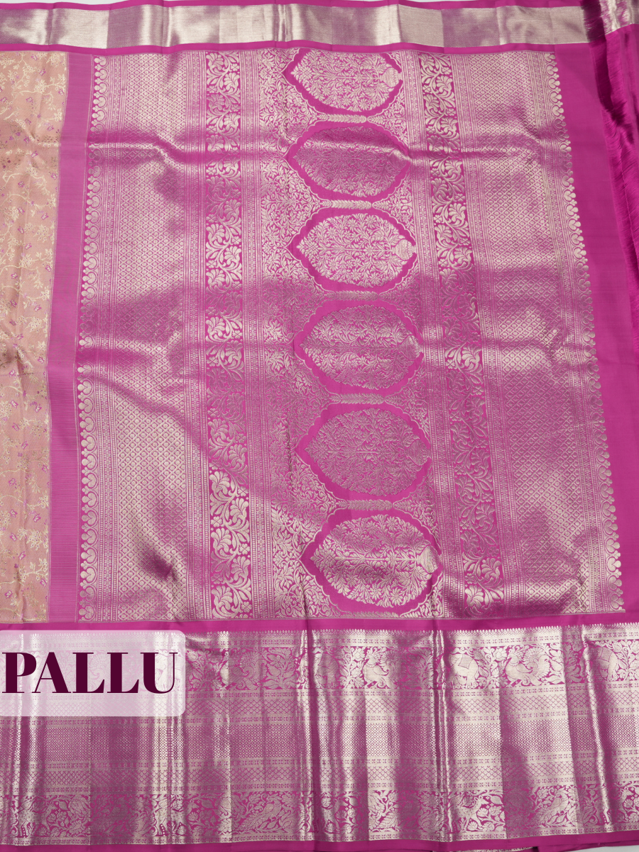 Peach Pink Pure Kanjivaram Bridal Saree with Rich Woven Zari Vanasingaram Temple Border