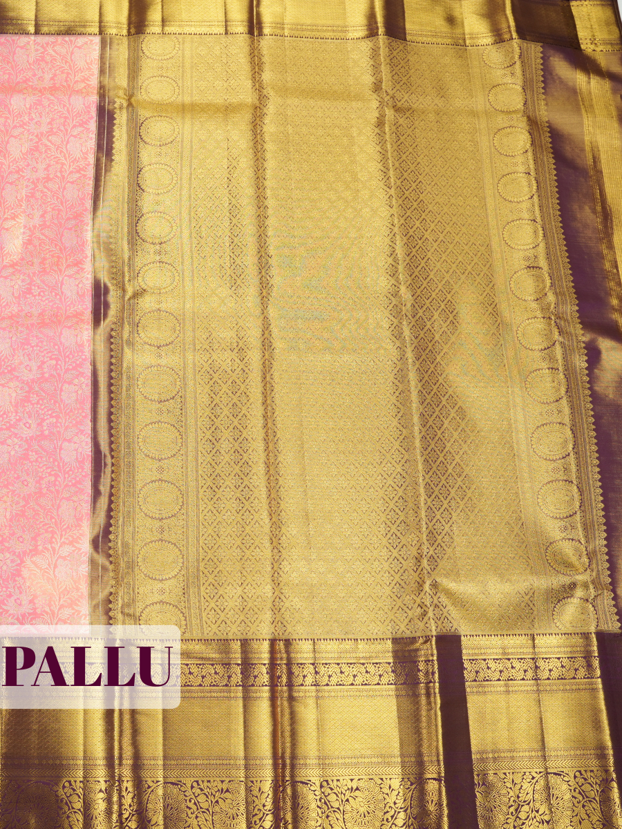 Light Pink Kanchipuram Tissue silk Saree with Floral Paisley Zari Border