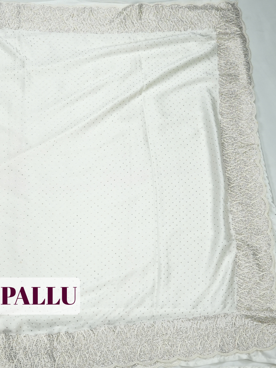 White Fancy Saree with Delicate Stonework and Scalloped Embroidered Border