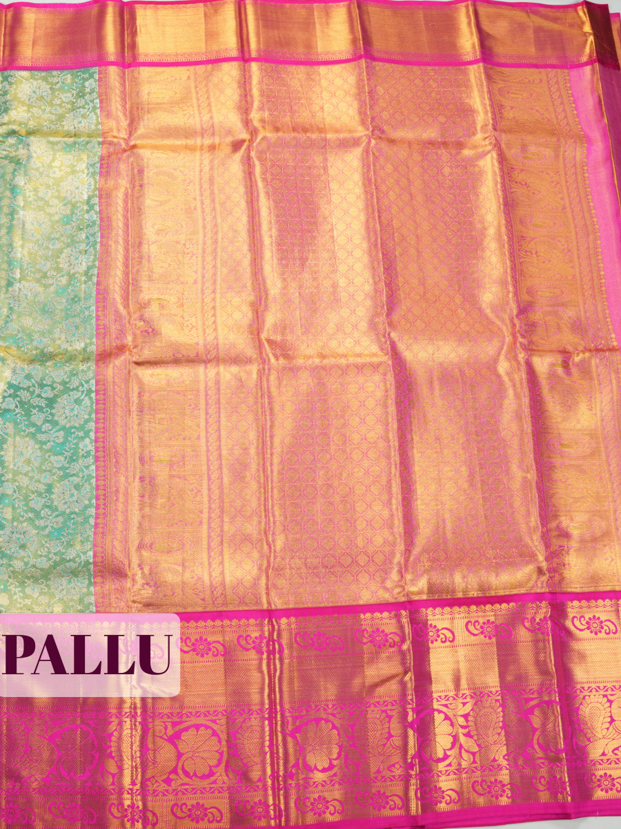 Dark Teal Pure Kanjivaram Tissue Saree with Kanchipuram Border with Peacock Paisley Jaal Panel
