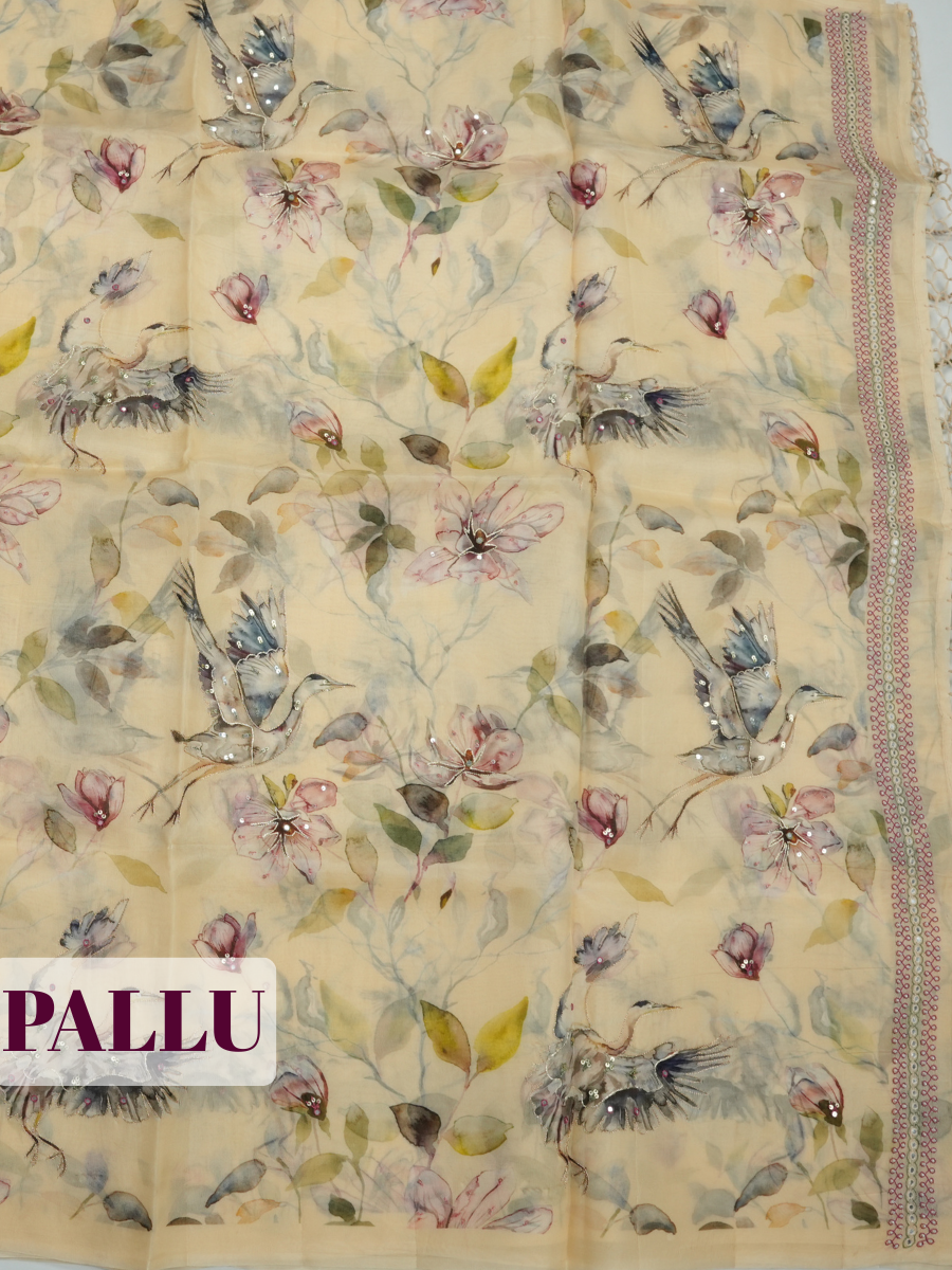 Cream Organza Saree with Bird and Botanical Print