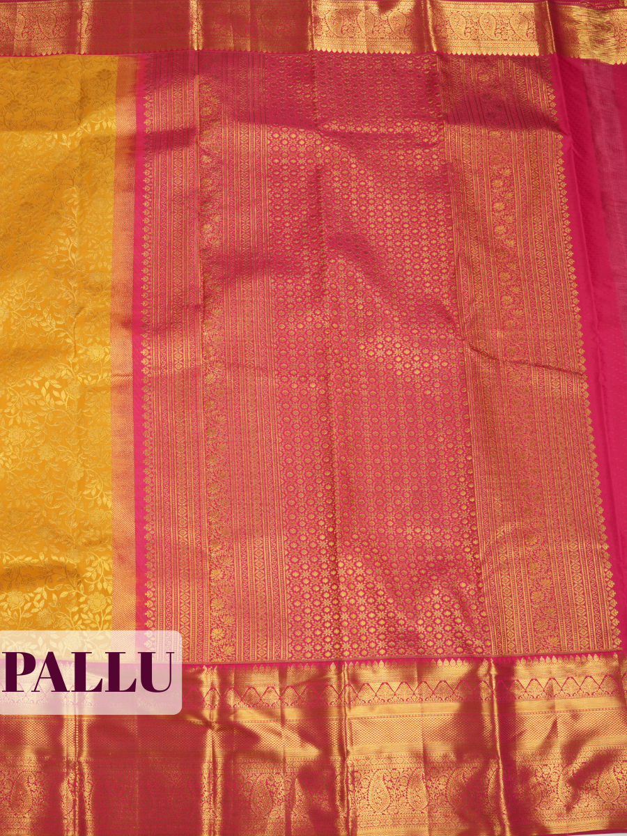 Yellow Kanchipuram Saree with Paisley and Temple Zari Border