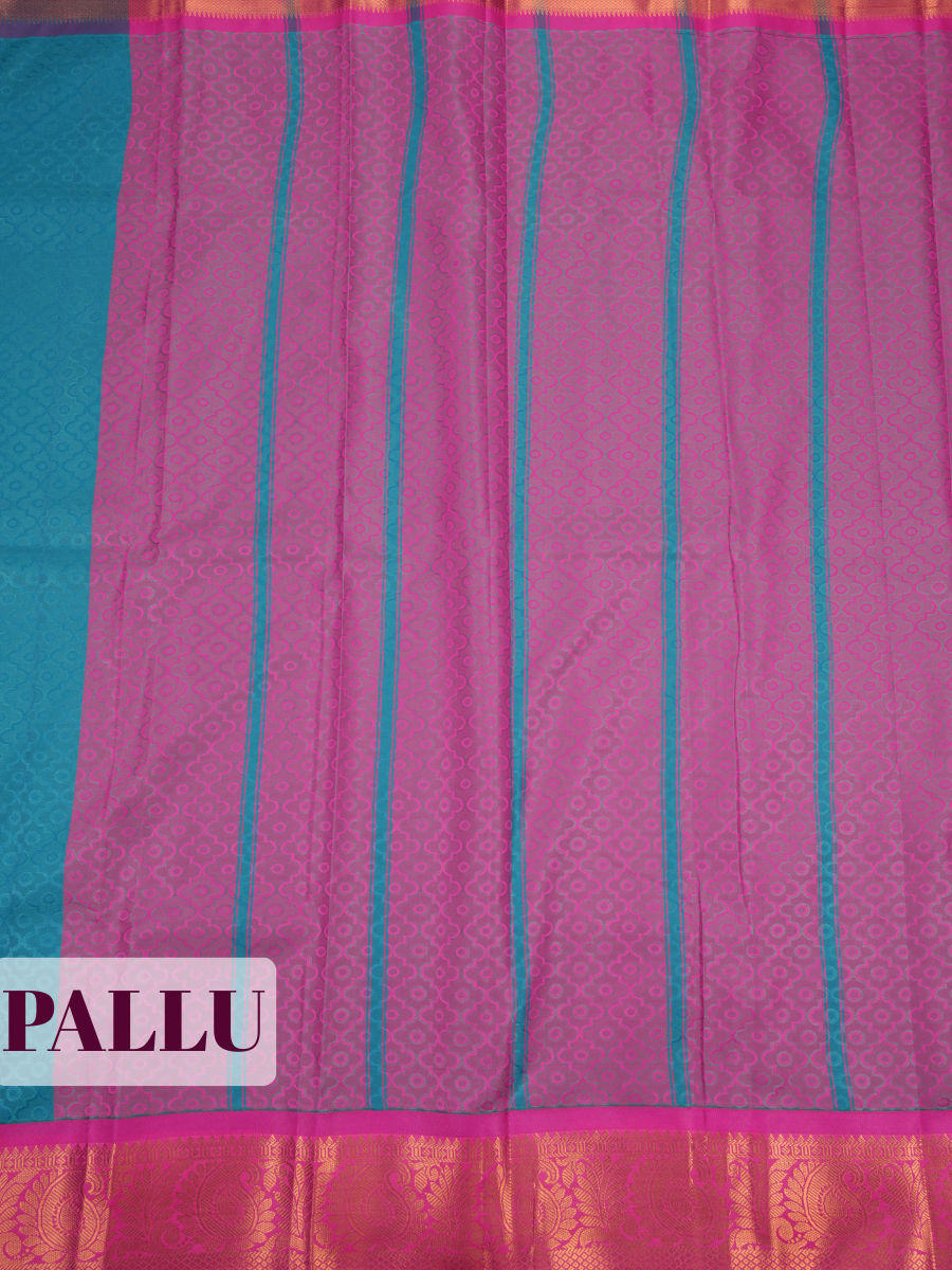 Teal Blue Bangalore Silk Saree with Magenta Floral Zari Pallu