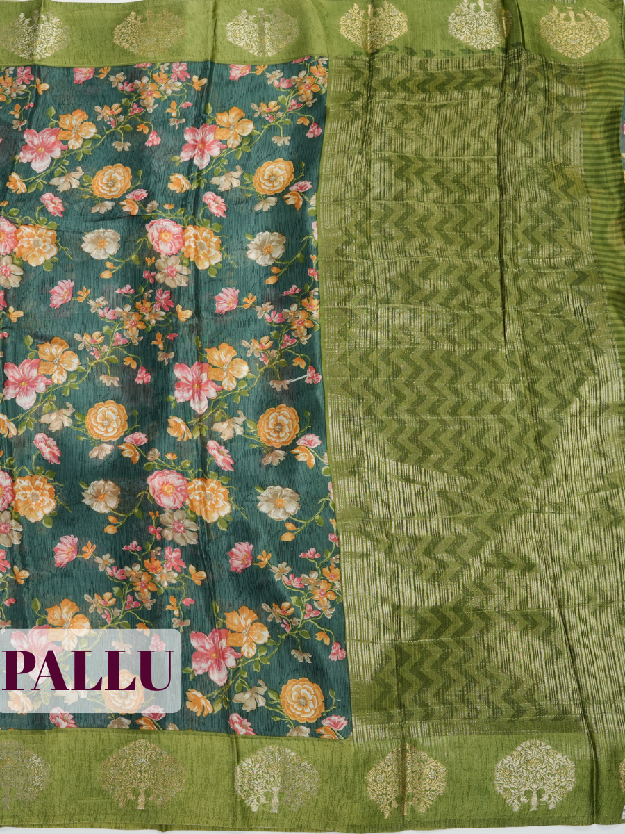Bottle Green Tissue Crepe Fancy Saree with Floral Print and Metallic Border