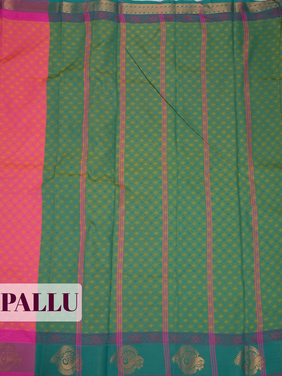 Fuchsia Pink Bangalore Silk Saree with Emerald Green Pallu and Antique Gold Zari