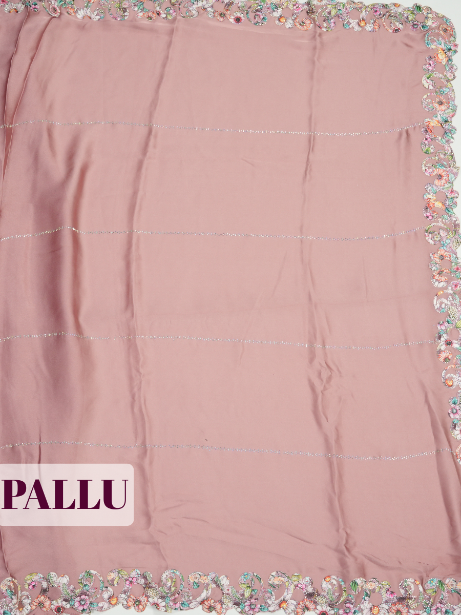 Rosewood Pink Satin Fancy Saree with Half-and-Half Floral Cutwork Border