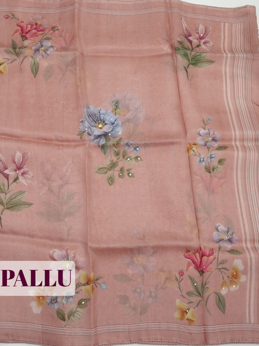 Onion Pink Organza Saree with Floral Print and Lace Trim