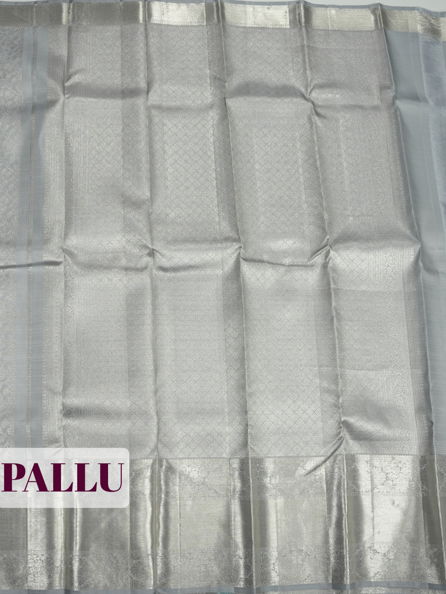 Silver Kanchipuram Saree with Floral Vine and Ornamental Zari Border