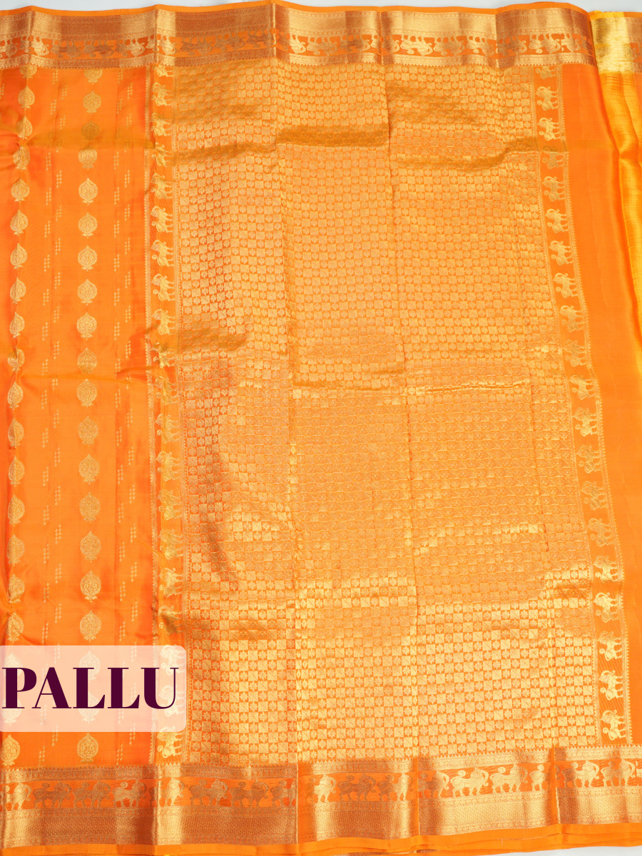 Orange Pure Kanchipuram Saree with Floral Paisley Vine Zari Border