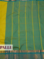 Golden Yellow Bangalore Silk Saree with Teal Green Checked Pallu and Peacock Motif Border